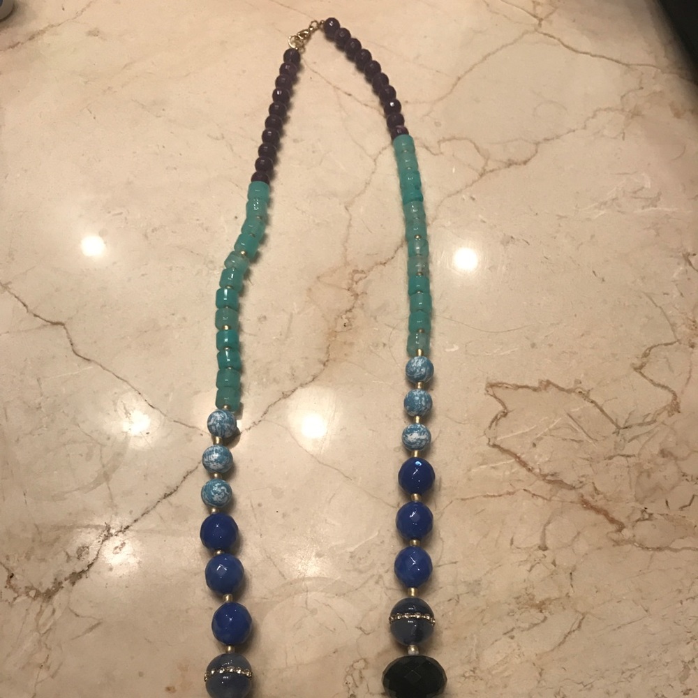 Blue, purple and teal beaded necklace